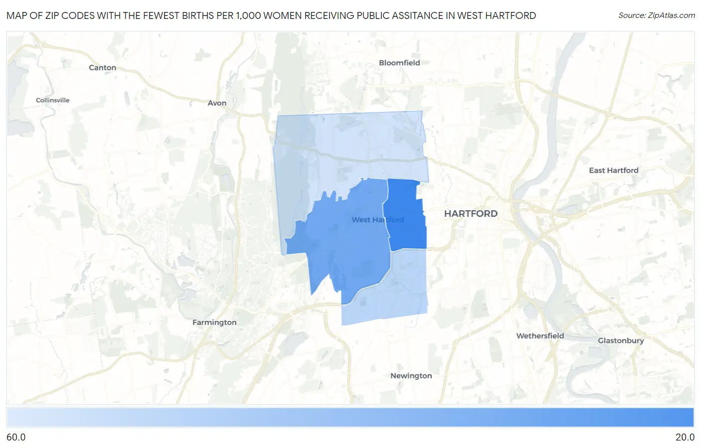 Zip Codes with the Fewest Births per 1,000 Women Receiving Public Assitance in West Hartford Map