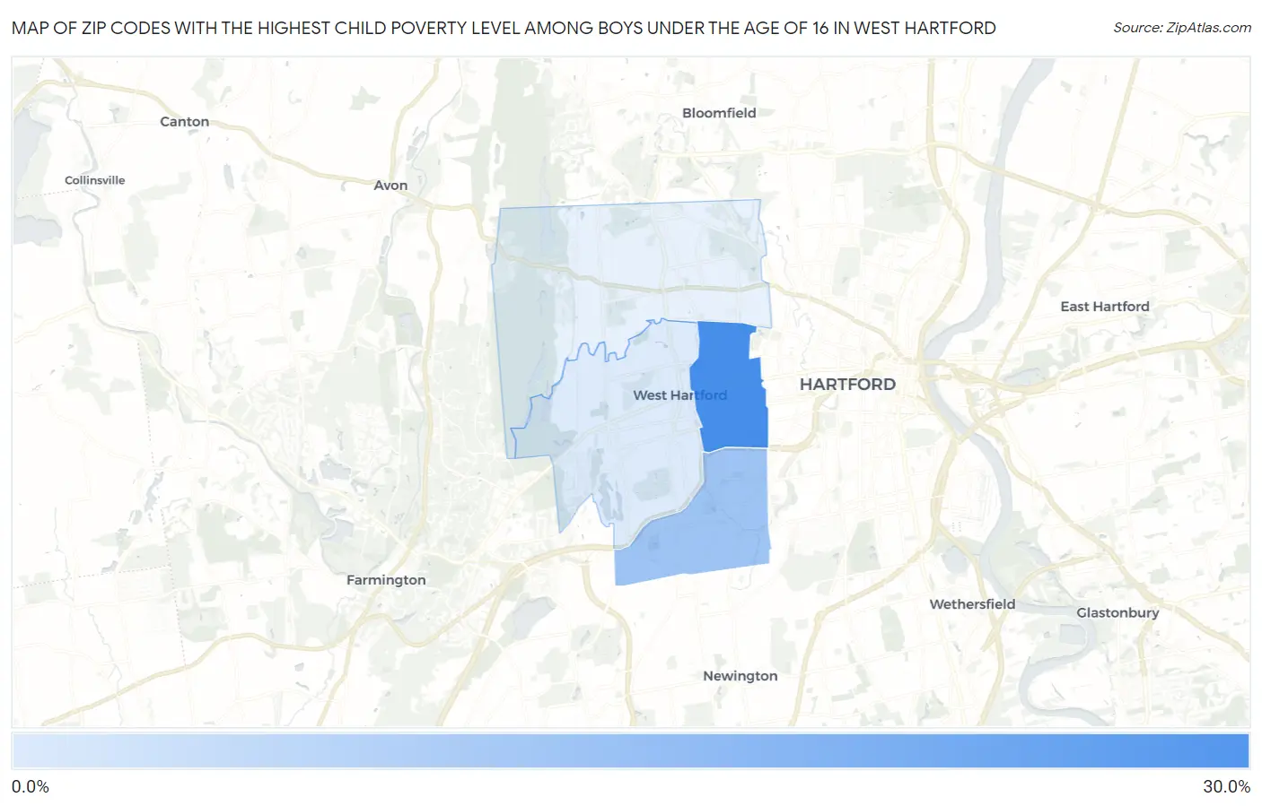 Zip Codes with the Highest Child Poverty Level Among Boys Under the Age of 16 in West Hartford Map