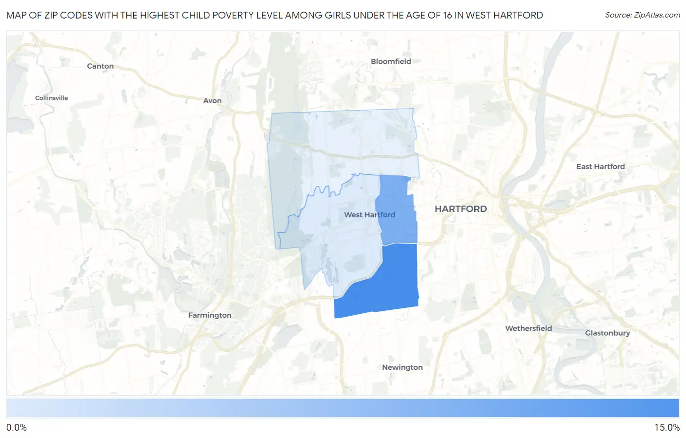 Zip Codes with the Highest Child Poverty Level Among Girls Under the Age of 16 in West Hartford Map