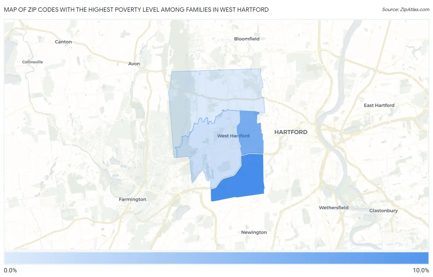 Zip Codes with the Highest Poverty Level Among Families in West Hartford Map
