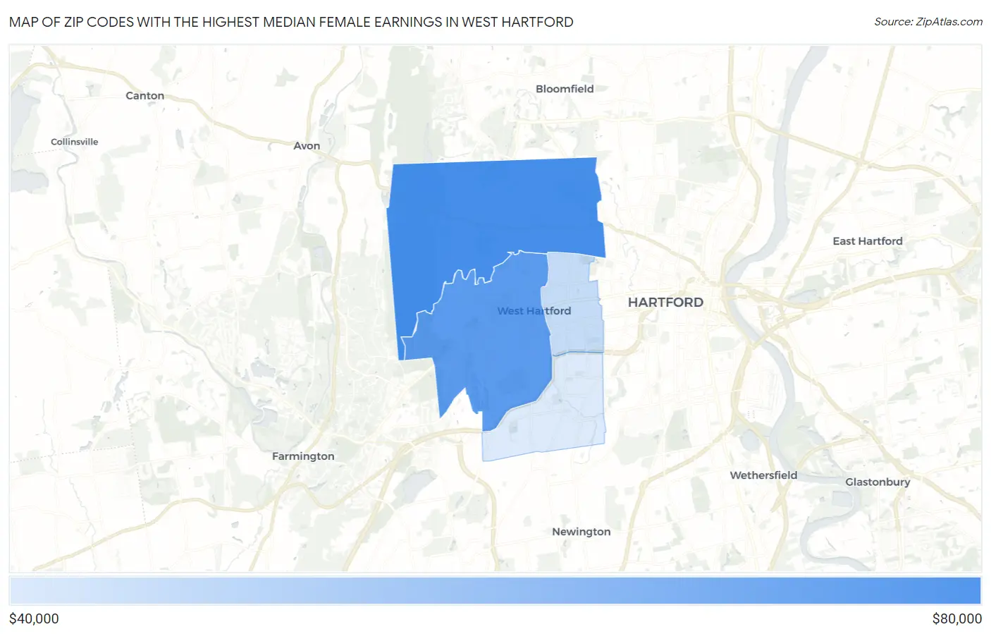 Zip Codes with the Highest Median Female Earnings in West Hartford Map