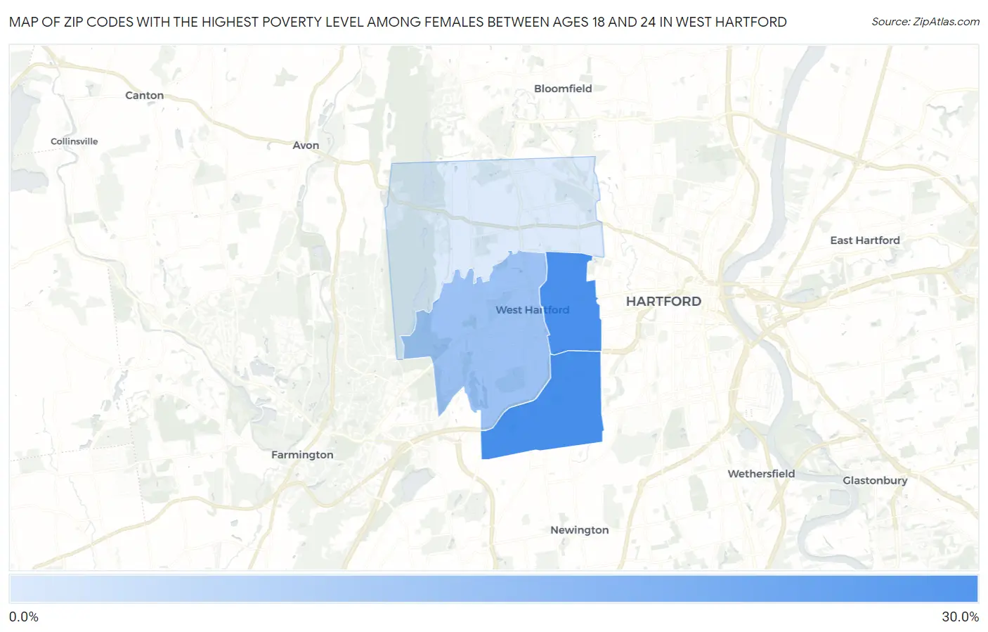 Zip Codes with the Highest Poverty Level Among Females Between Ages 18 and 24 in West Hartford Map