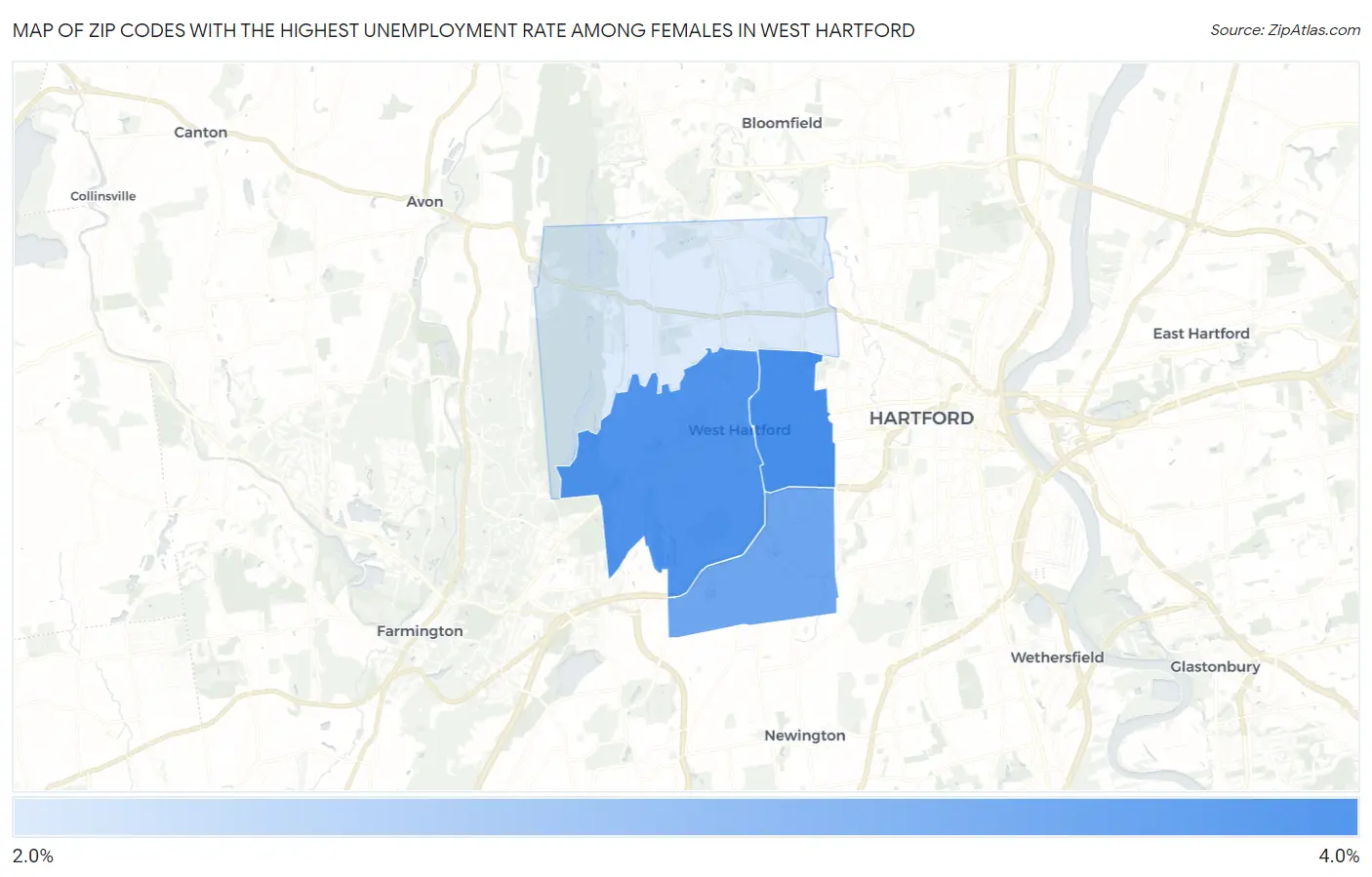 Zip Codes with the Highest Unemployment Rate Among Females in West Hartford Map