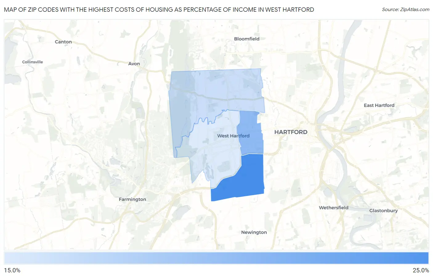 Zip Codes with the Highest Costs of Housing as Percentage of Income in West Hartford Map
