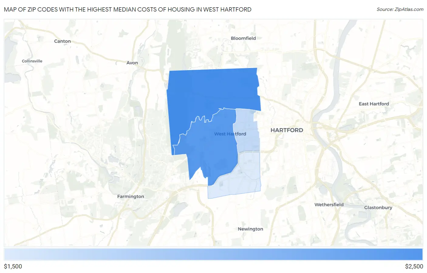 Zip Codes with the Highest Median Costs of Housing in West Hartford Map