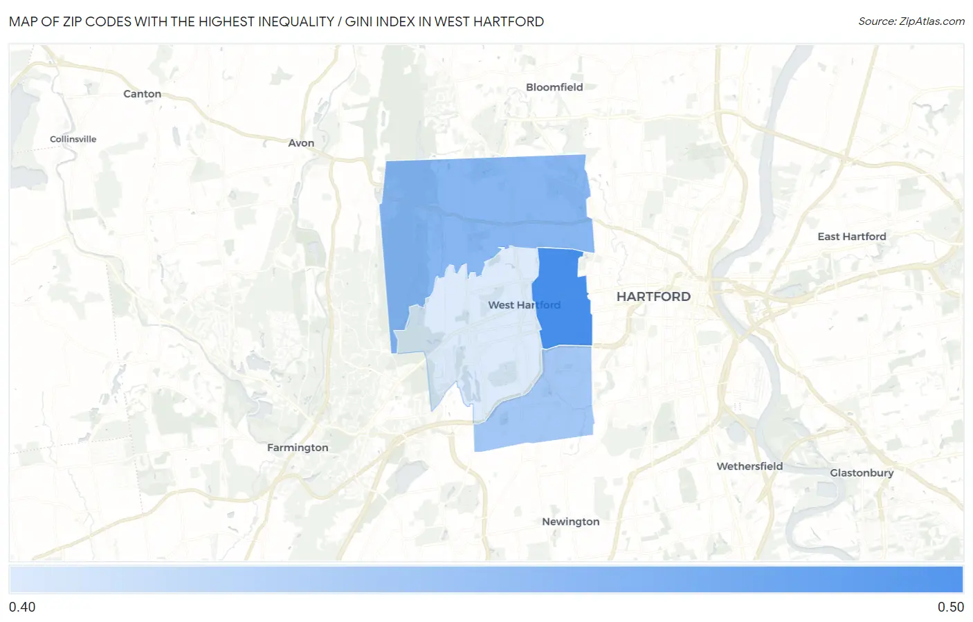 Zip Codes with the Highest Inequality / Gini Index in West Hartford Map