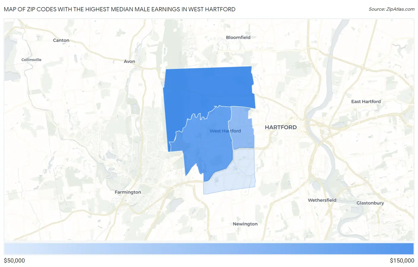 Zip Codes with the Highest Median Male Earnings in West Hartford Map