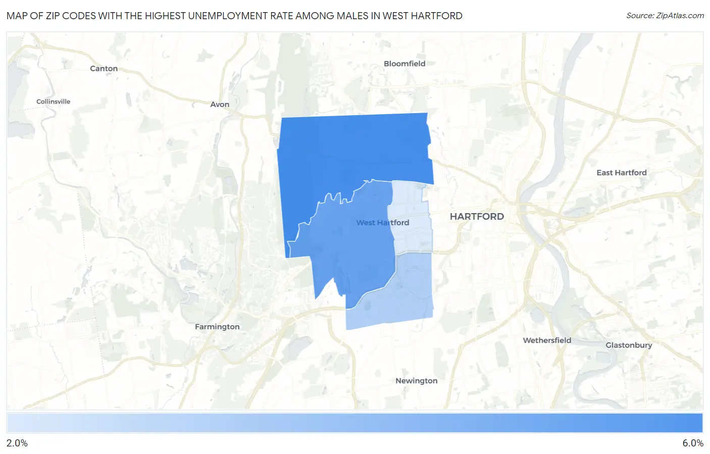 Zip Codes with the Highest Unemployment Rate Among Males in West Hartford Map
