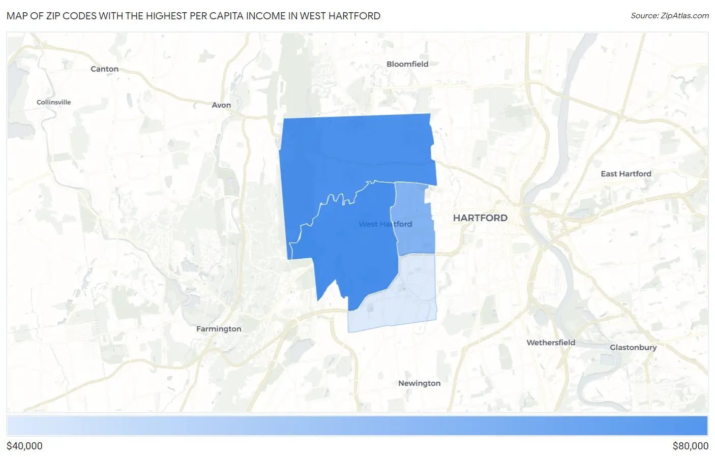 Zip Codes with the Highest Per Capita Income in West Hartford Map