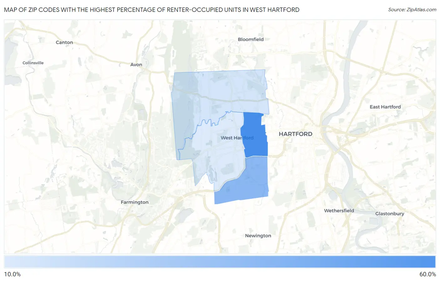 Zip Codes with the Highest Percentage of Renter-Occupied Units in West Hartford Map