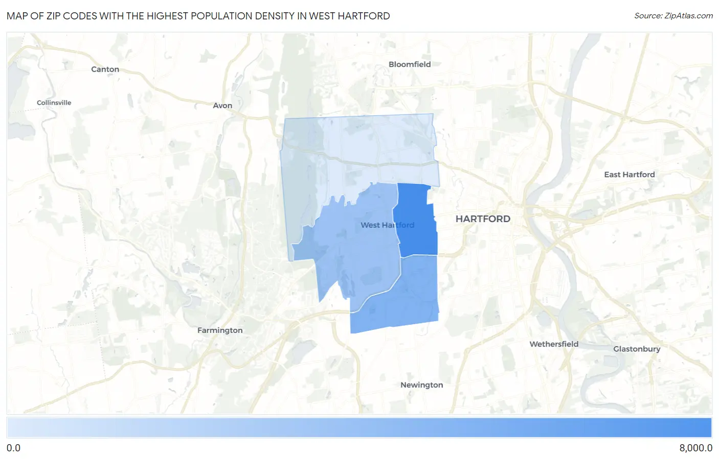 Zip Codes with the Highest Population Density in West Hartford Map