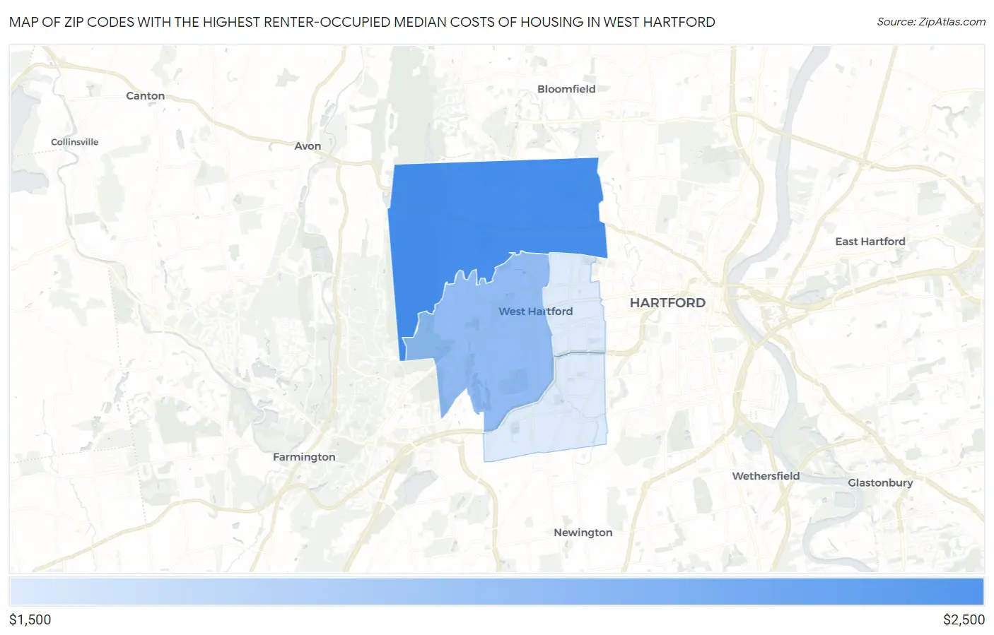 Zip Codes with the Highest Renter-Occupied Median Costs of Housing in West Hartford Map