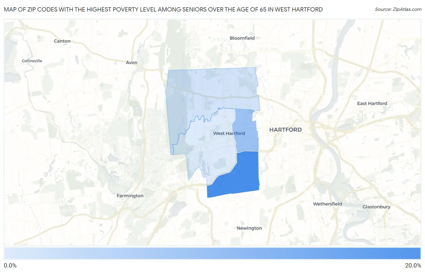 Zip Codes with the Highest Poverty Level Among Seniors Over the Age of 65 in West Hartford Map