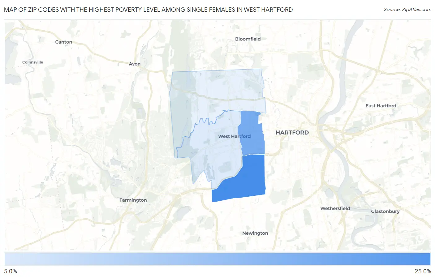 Zip Codes with the Highest Poverty Level Among Single Females in West Hartford Map