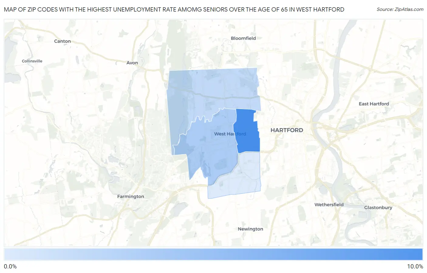 Zip Codes with the Highest Unemployment Rate Amomg Seniors Over the Age of 65 in West Hartford Map