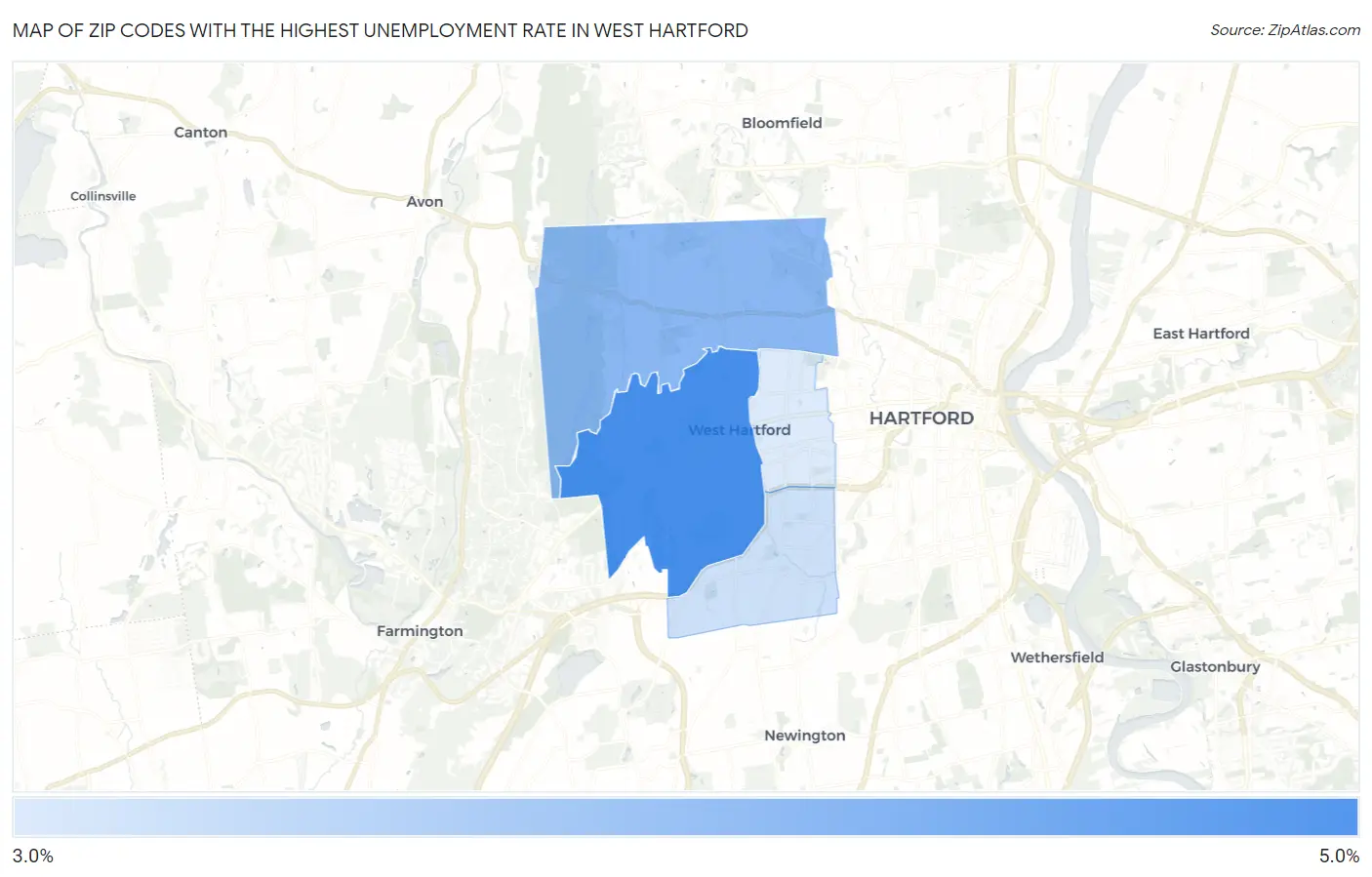 Zip Codes with the Highest Unemployment Rate in West Hartford Map
