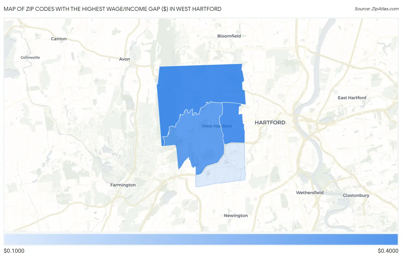 Zip Codes with the Highest Wage/Income Gap ($) in West Hartford Map