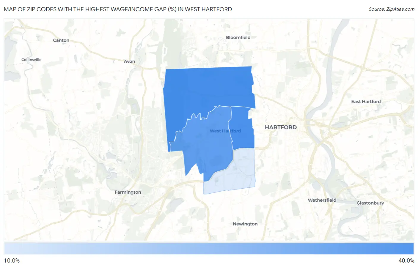 Zip Codes with the Highest Wage/Income Gap (%) in West Hartford Map
