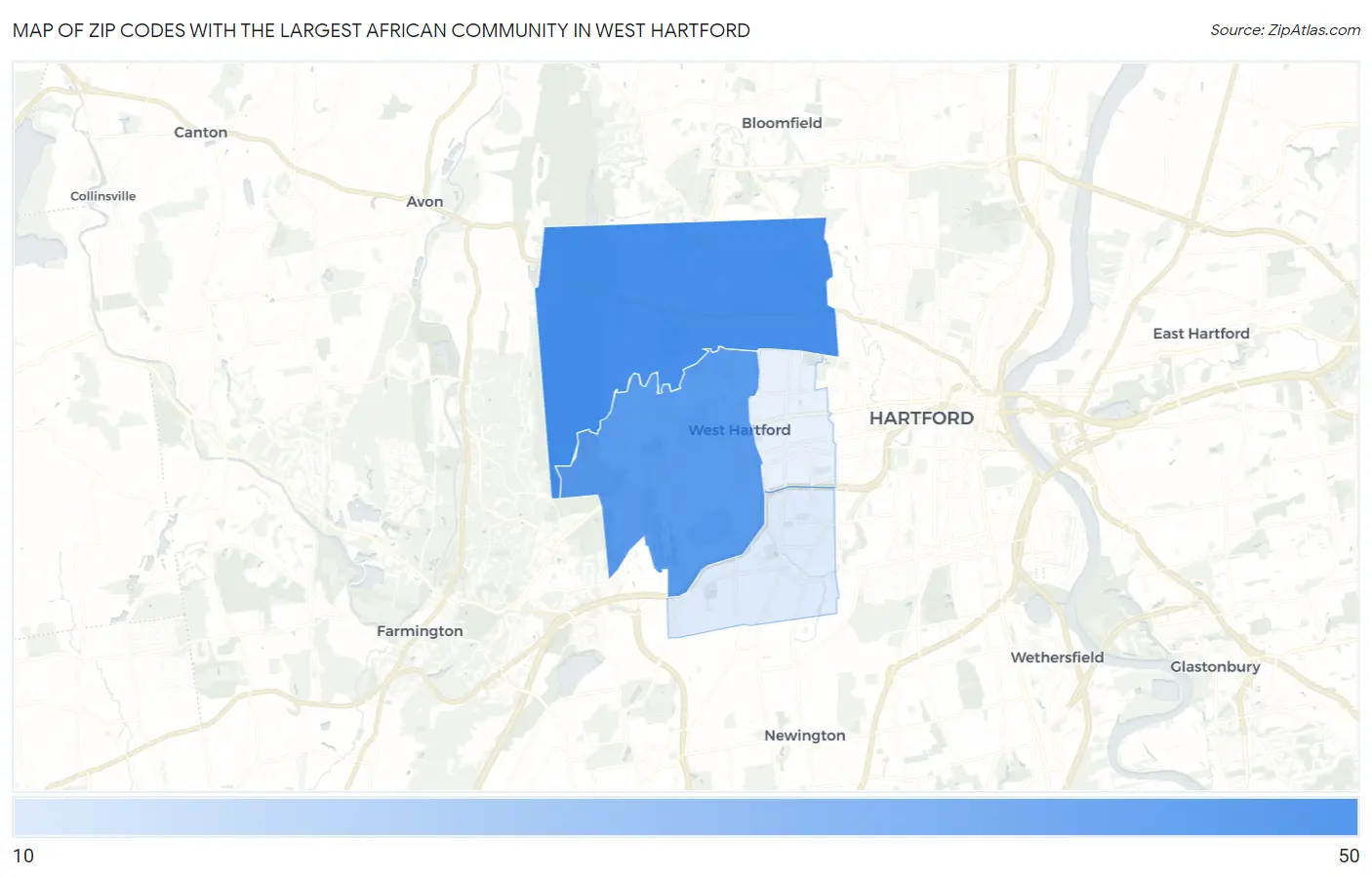 Zip Codes with the Largest African Community in West Hartford Map