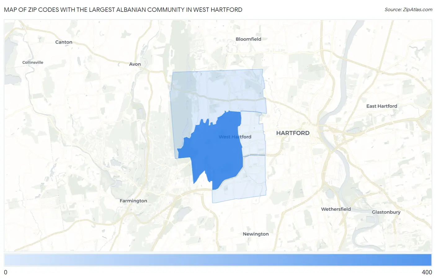 Zip Codes with the Largest Albanian Community in West Hartford Map
