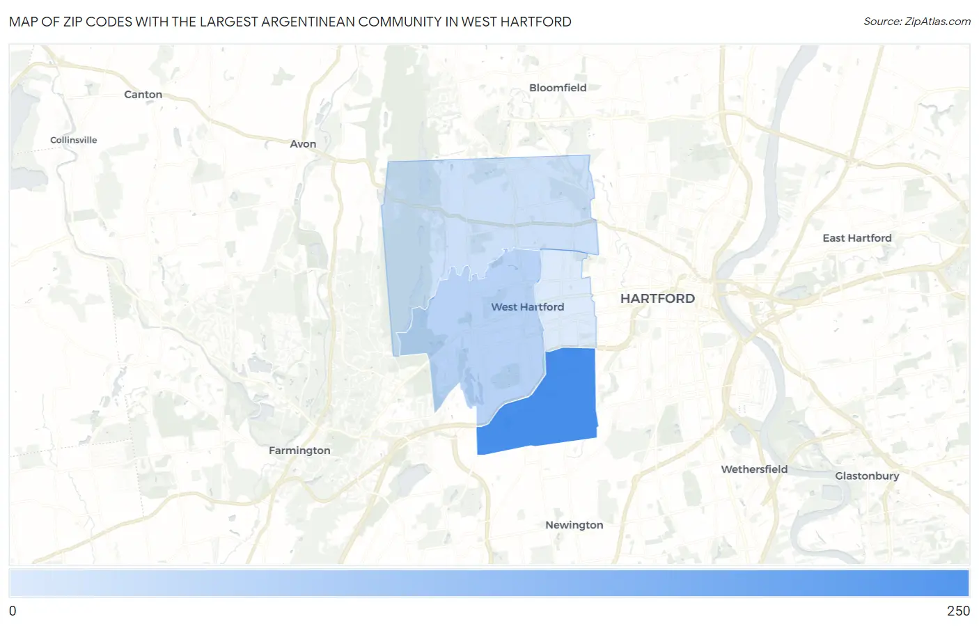 Zip Codes with the Largest Argentinean Community in West Hartford Map