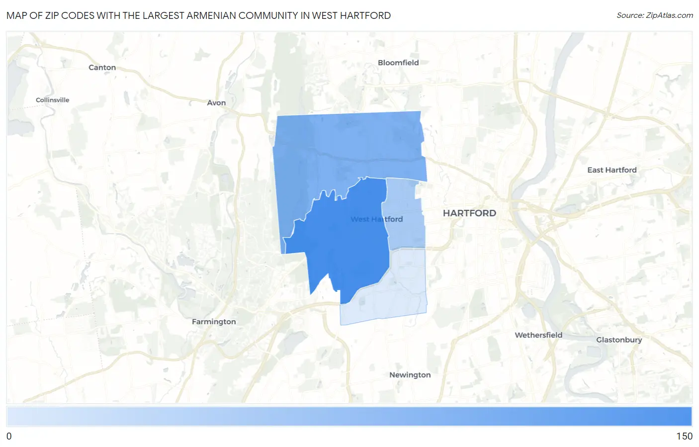 Zip Codes with the Largest Armenian Community in West Hartford Map