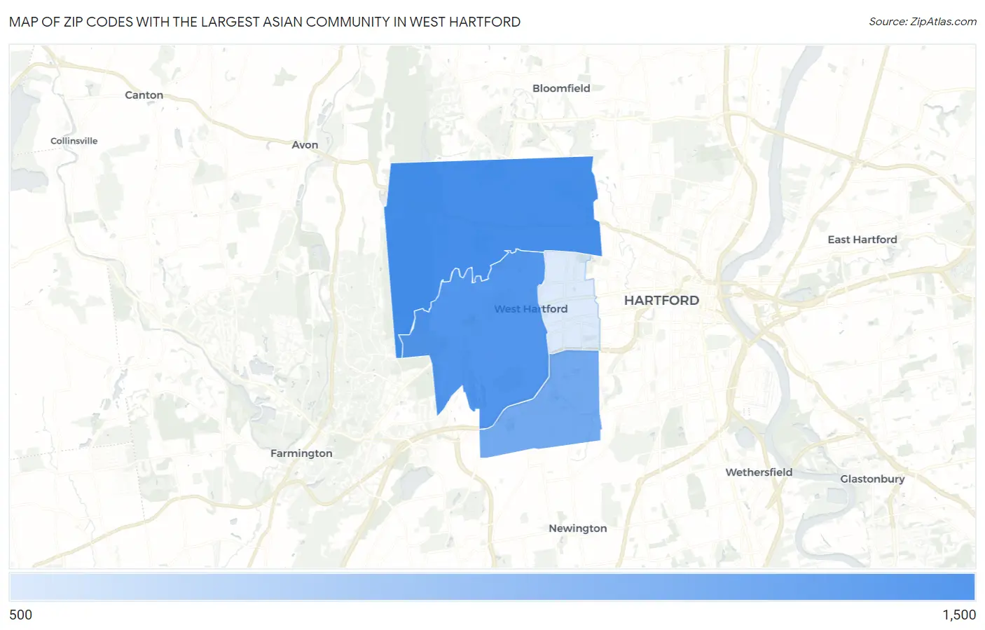 Zip Codes with the Largest Asian Community in West Hartford Map