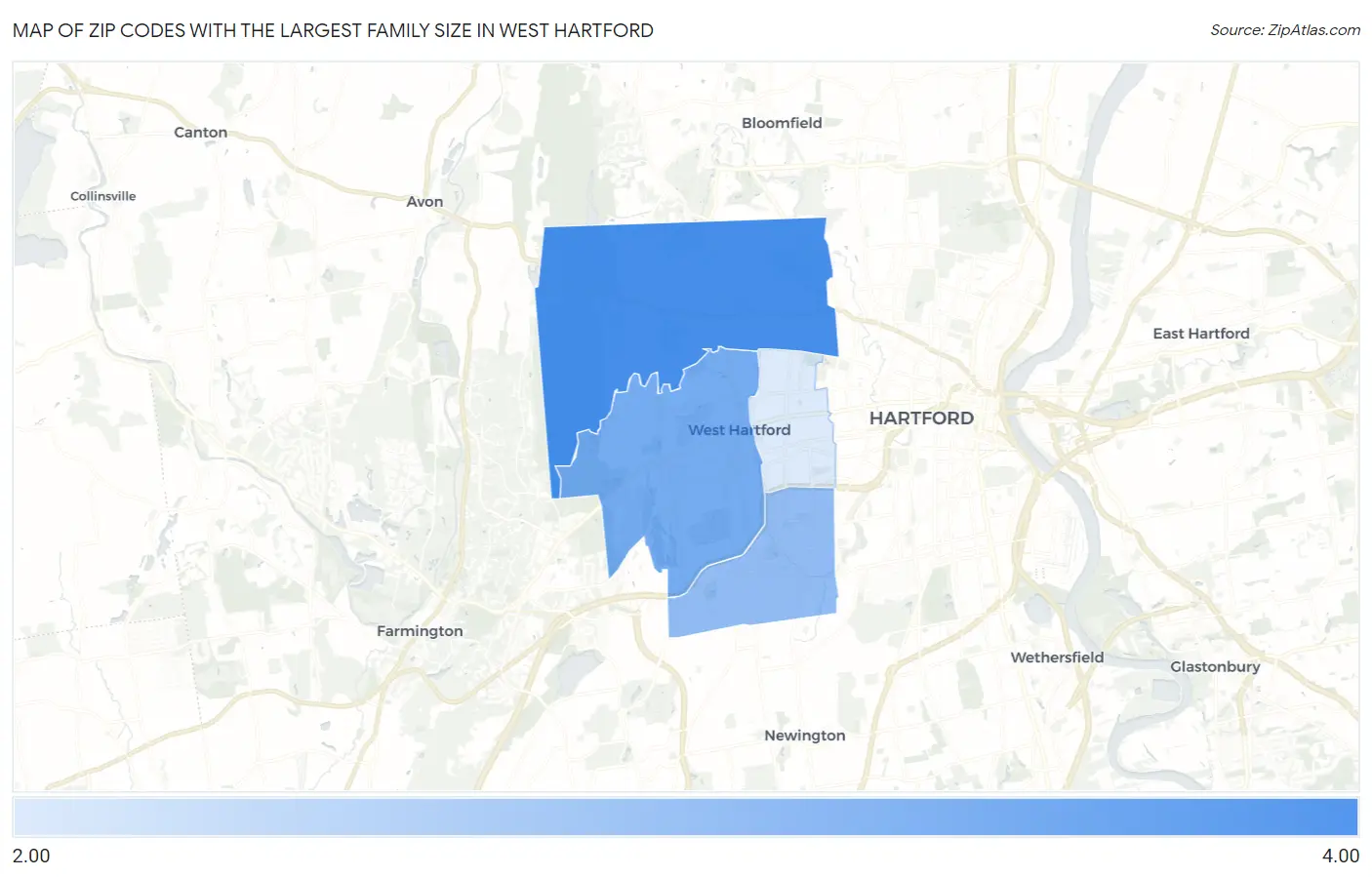 Zip Codes with the Largest Family Size in West Hartford Map