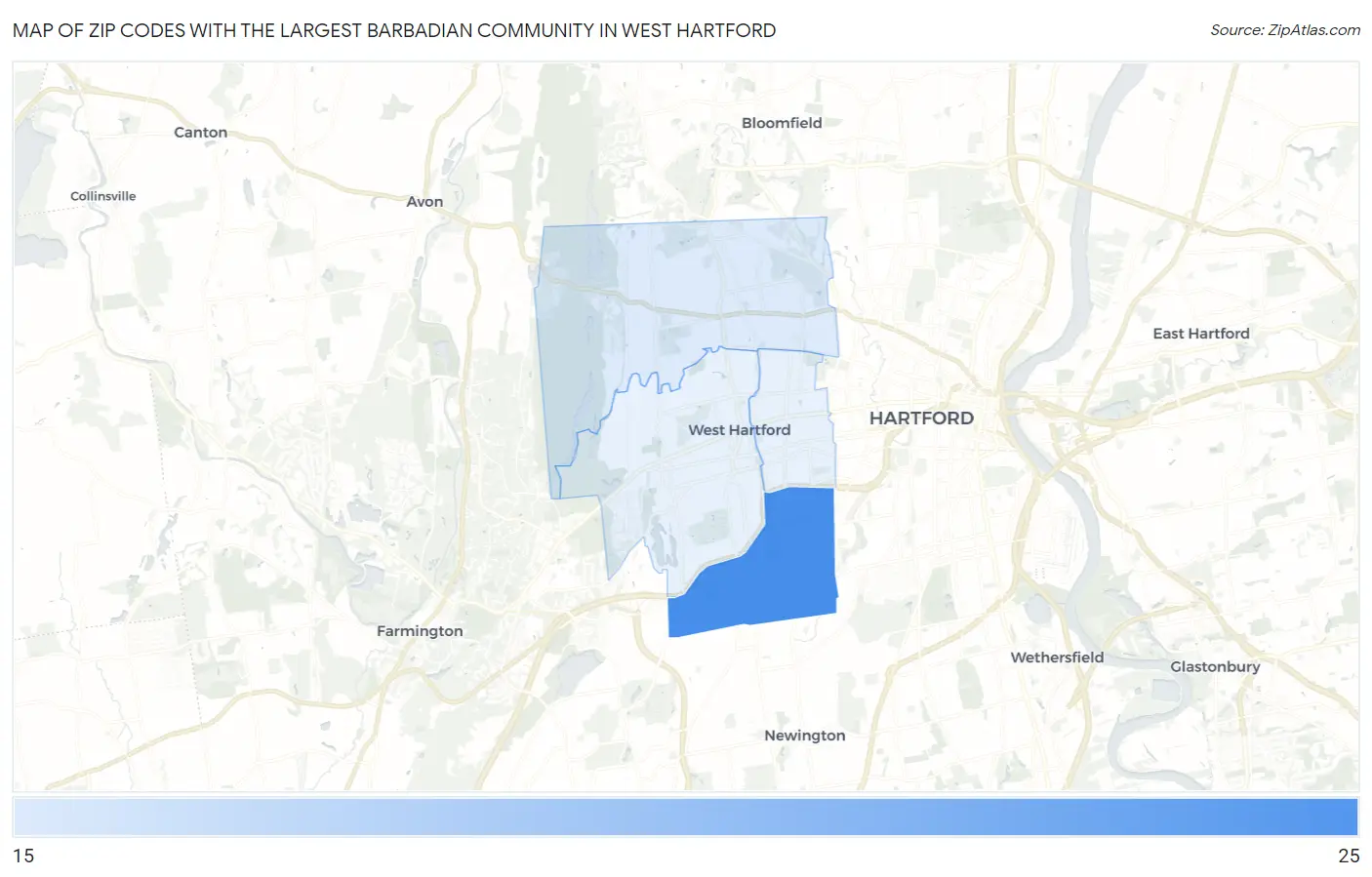 Zip Codes with the Largest Barbadian Community in West Hartford Map
