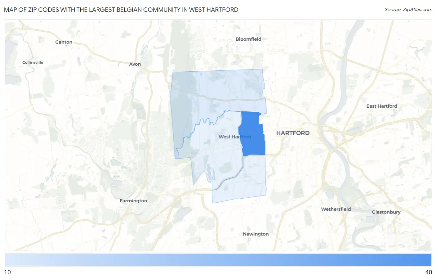 Zip Codes with the Largest Belgian Community in West Hartford Map