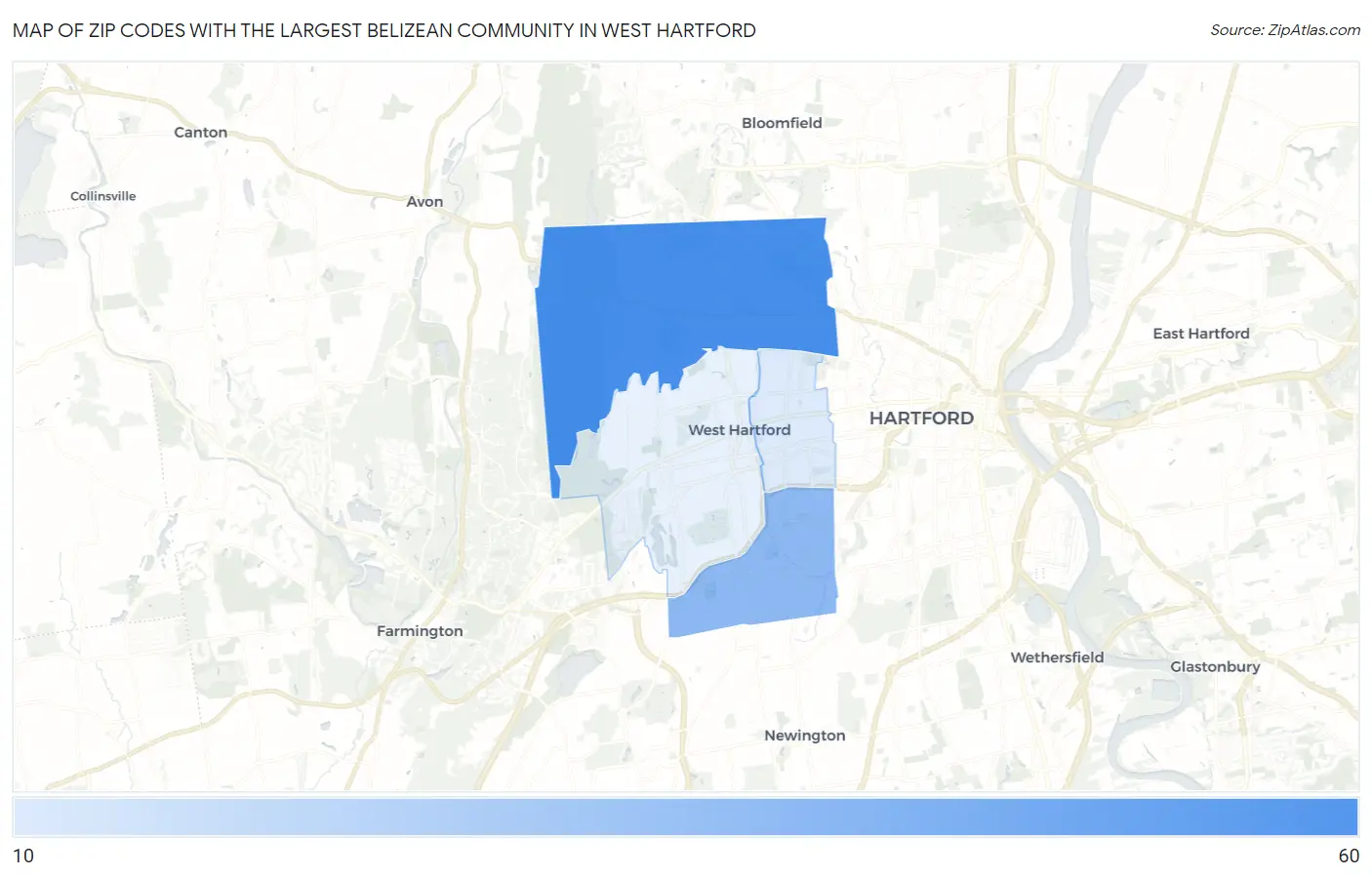 Zip Codes with the Largest Belizean Community in West Hartford Map