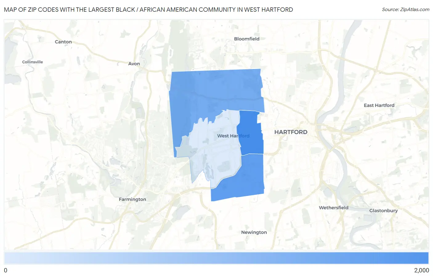 Zip Codes with the Largest Black / African American Community in West Hartford Map