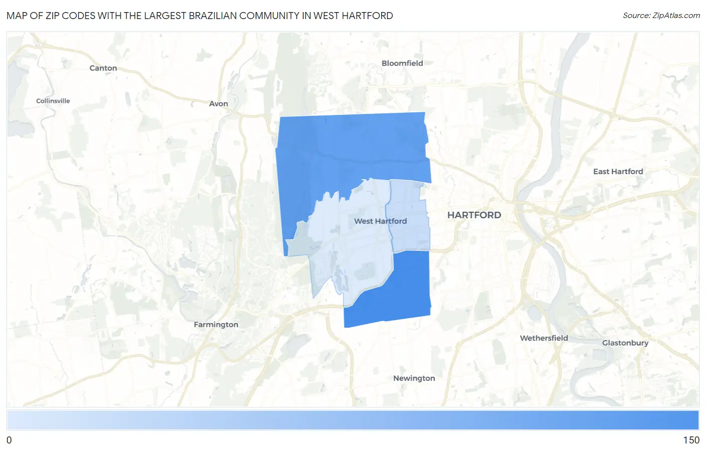 Zip Codes with the Largest Brazilian Community in West Hartford Map