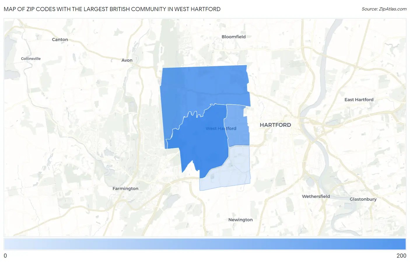 Zip Codes with the Largest British Community in West Hartford Map