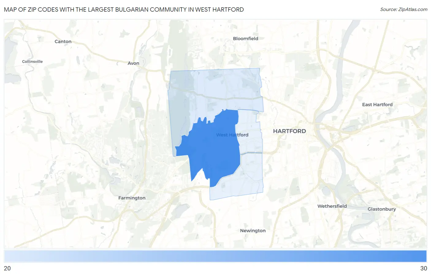 Zip Codes with the Largest Bulgarian Community in West Hartford Map