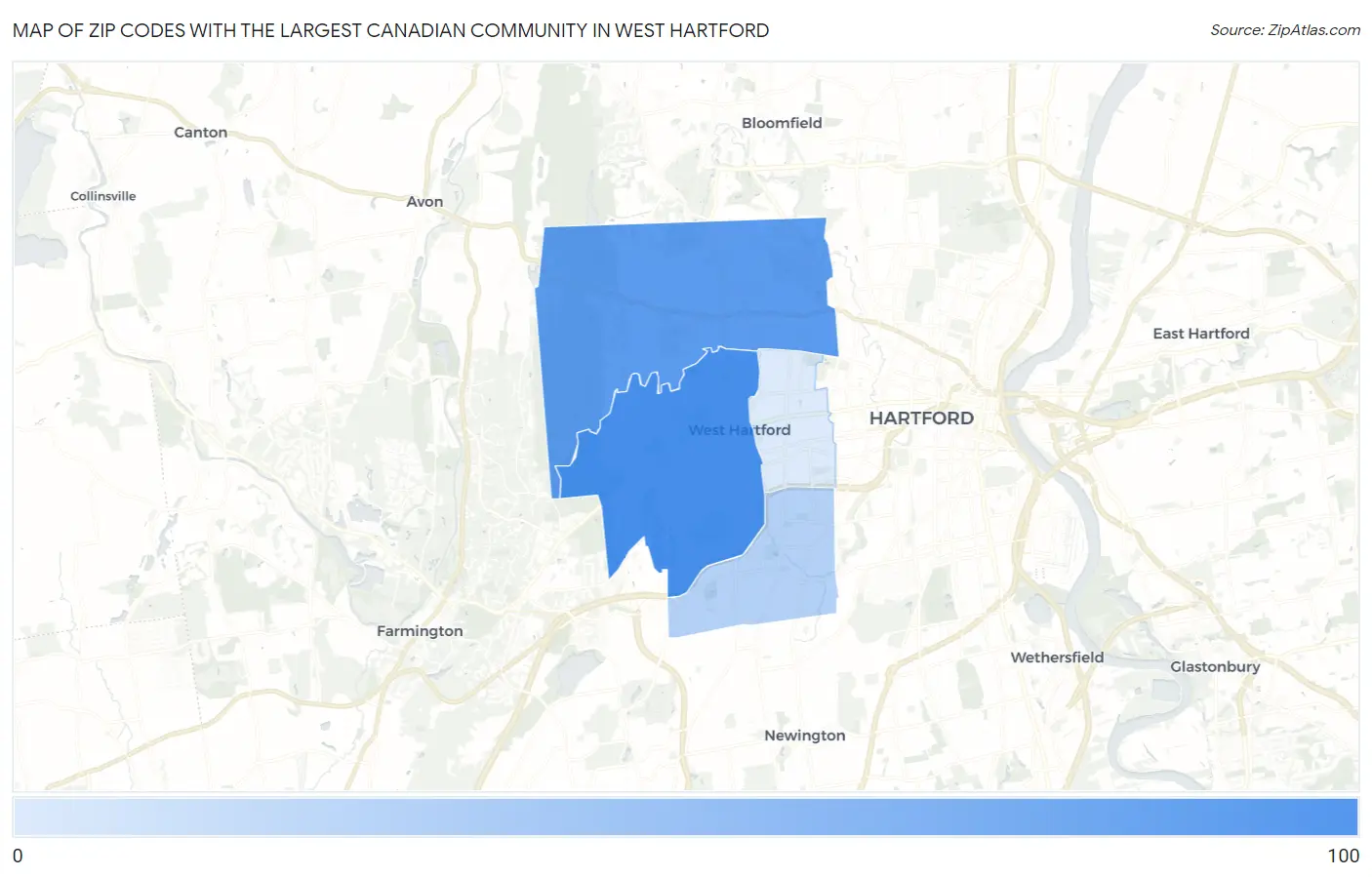 Zip Codes with the Largest Canadian Community in West Hartford Map