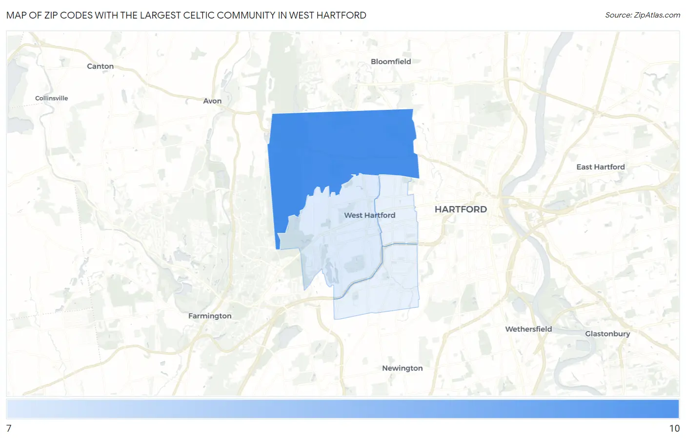Zip Codes with the Largest Celtic Community in West Hartford Map