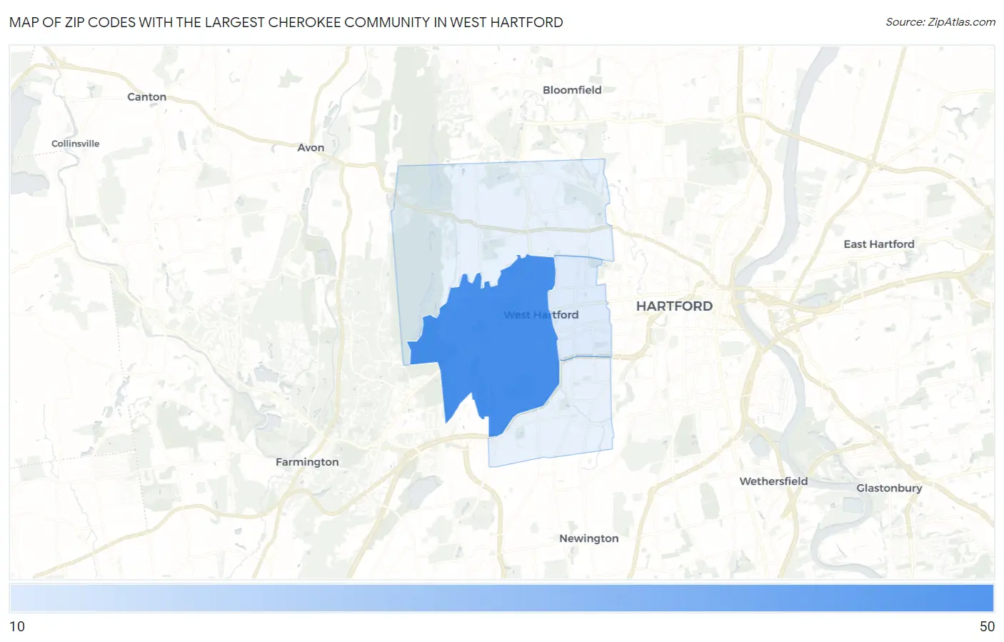 Zip Codes with the Largest Cherokee Community in West Hartford Map