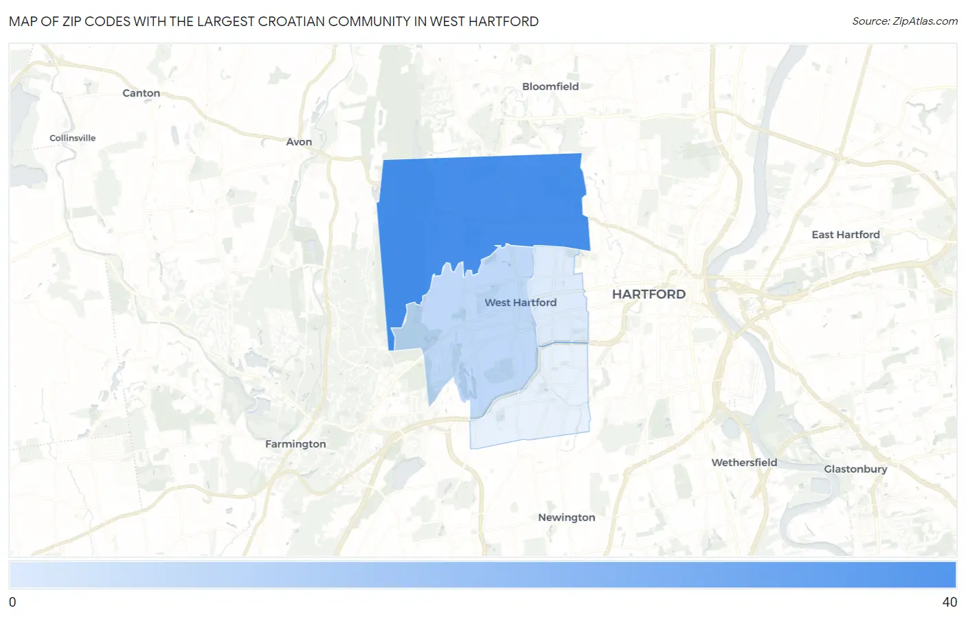 Zip Codes with the Largest Croatian Community in West Hartford Map