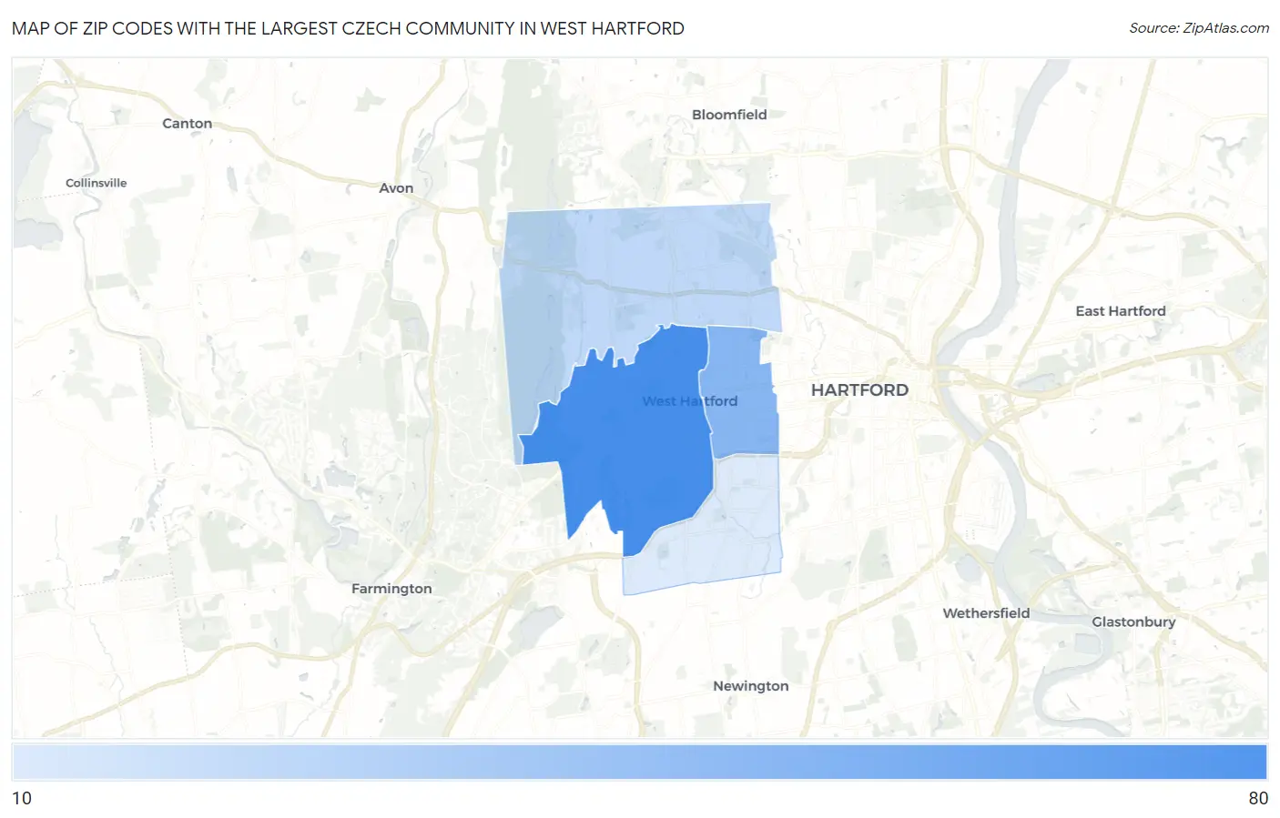 Zip Codes with the Largest Czech Community in West Hartford Map