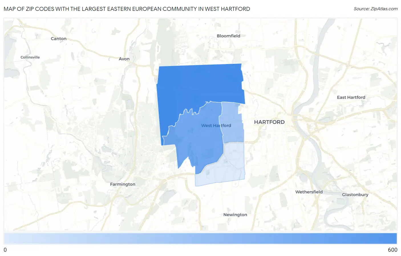 Zip Codes with the Largest Eastern European Community in West Hartford Map