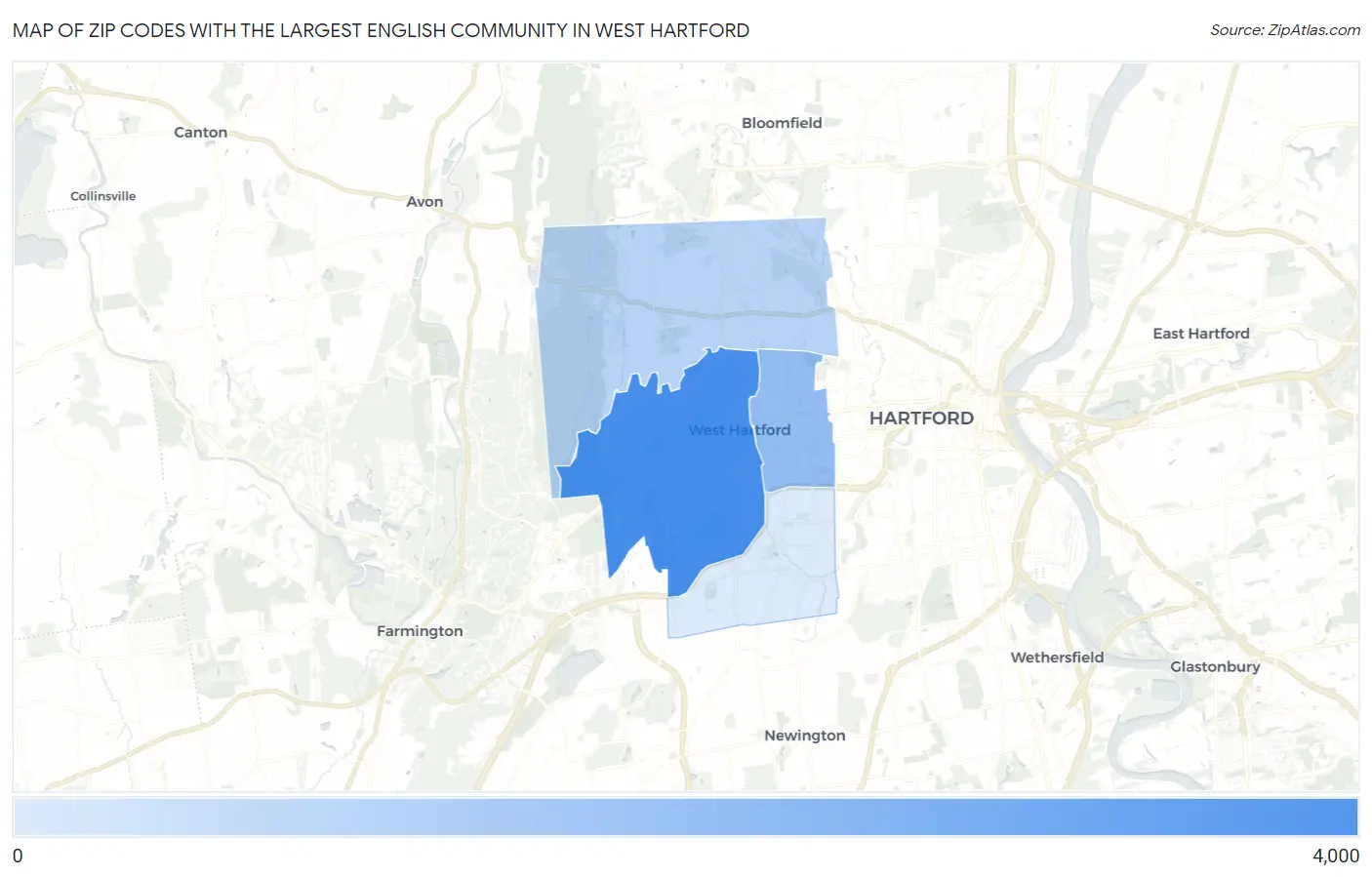 Zip Codes with the Largest English Community in West Hartford Map