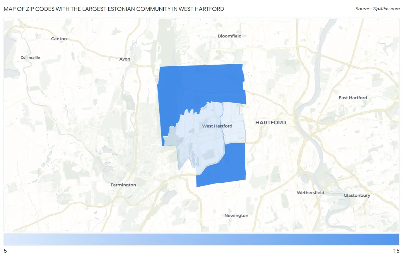 Zip Codes with the Largest Estonian Community in West Hartford Map