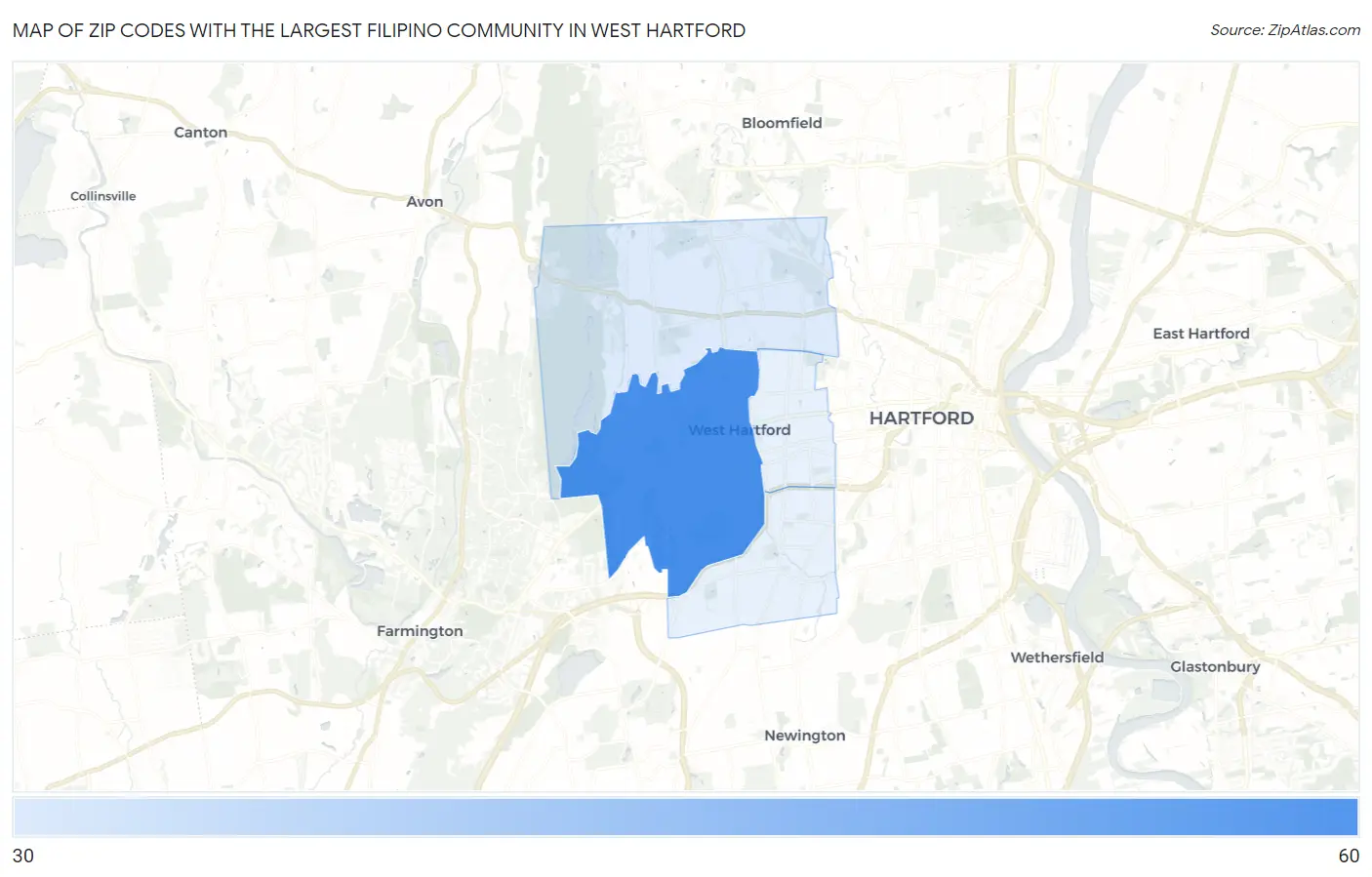 Zip Codes with the Largest Filipino Community in West Hartford Map