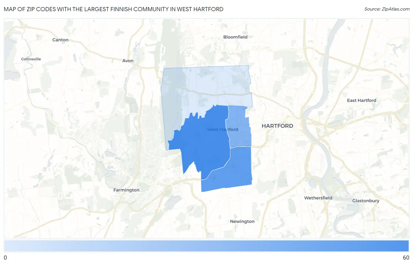Zip Codes with the Largest Finnish Community in West Hartford Map