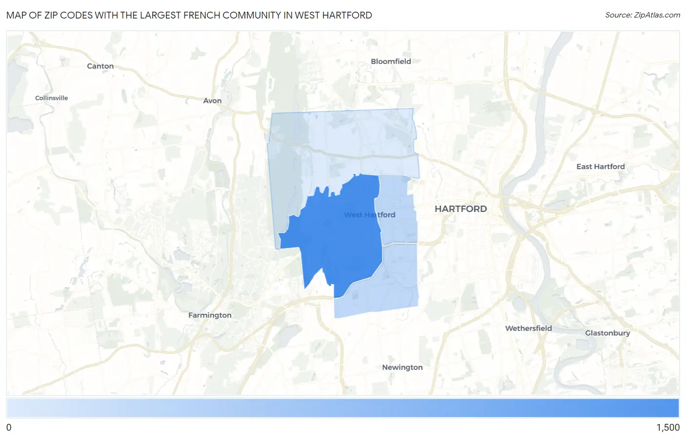 Zip Codes with the Largest French Community in West Hartford Map