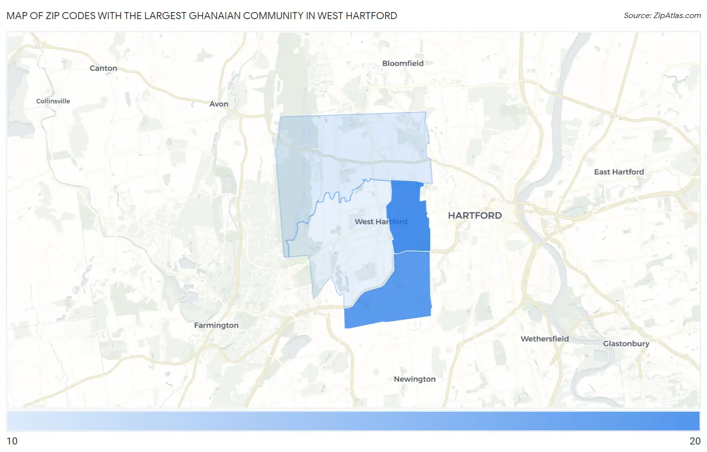 Zip Codes with the Largest Ghanaian Community in West Hartford Map