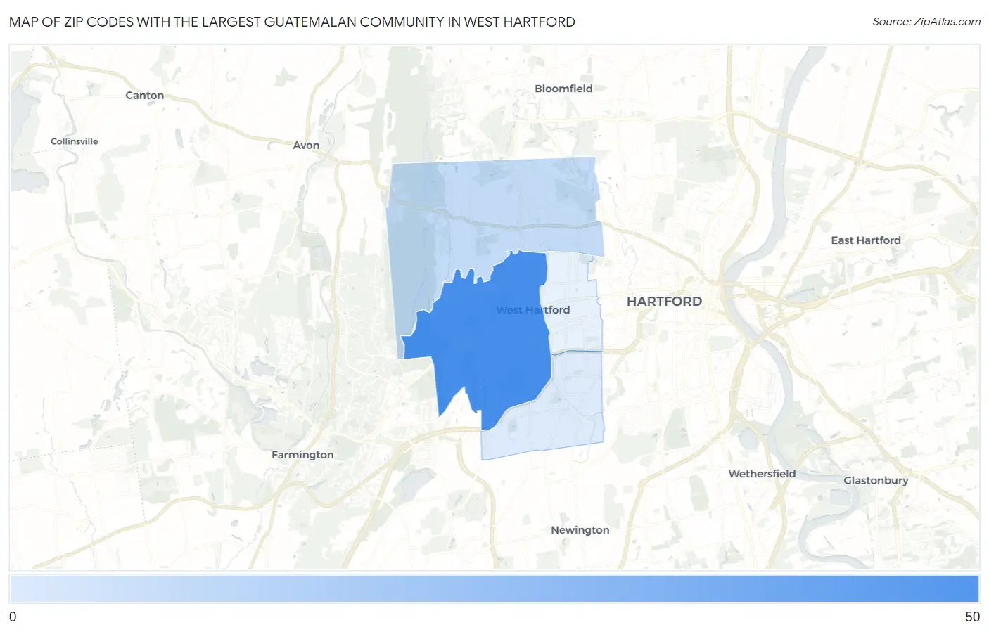 Zip Codes with the Largest Guatemalan Community in West Hartford Map