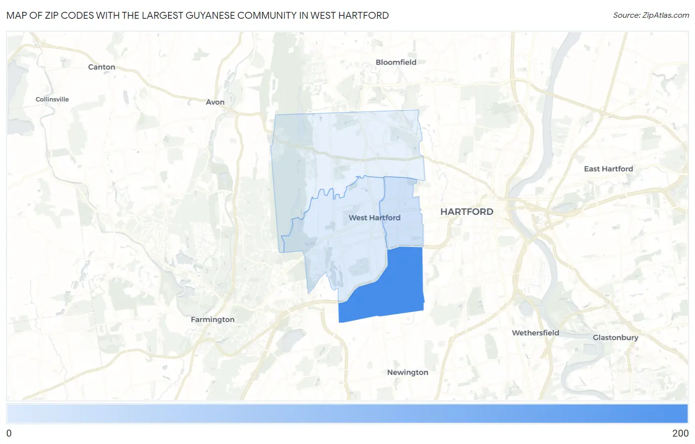 Zip Codes with the Largest Guyanese Community in West Hartford Map