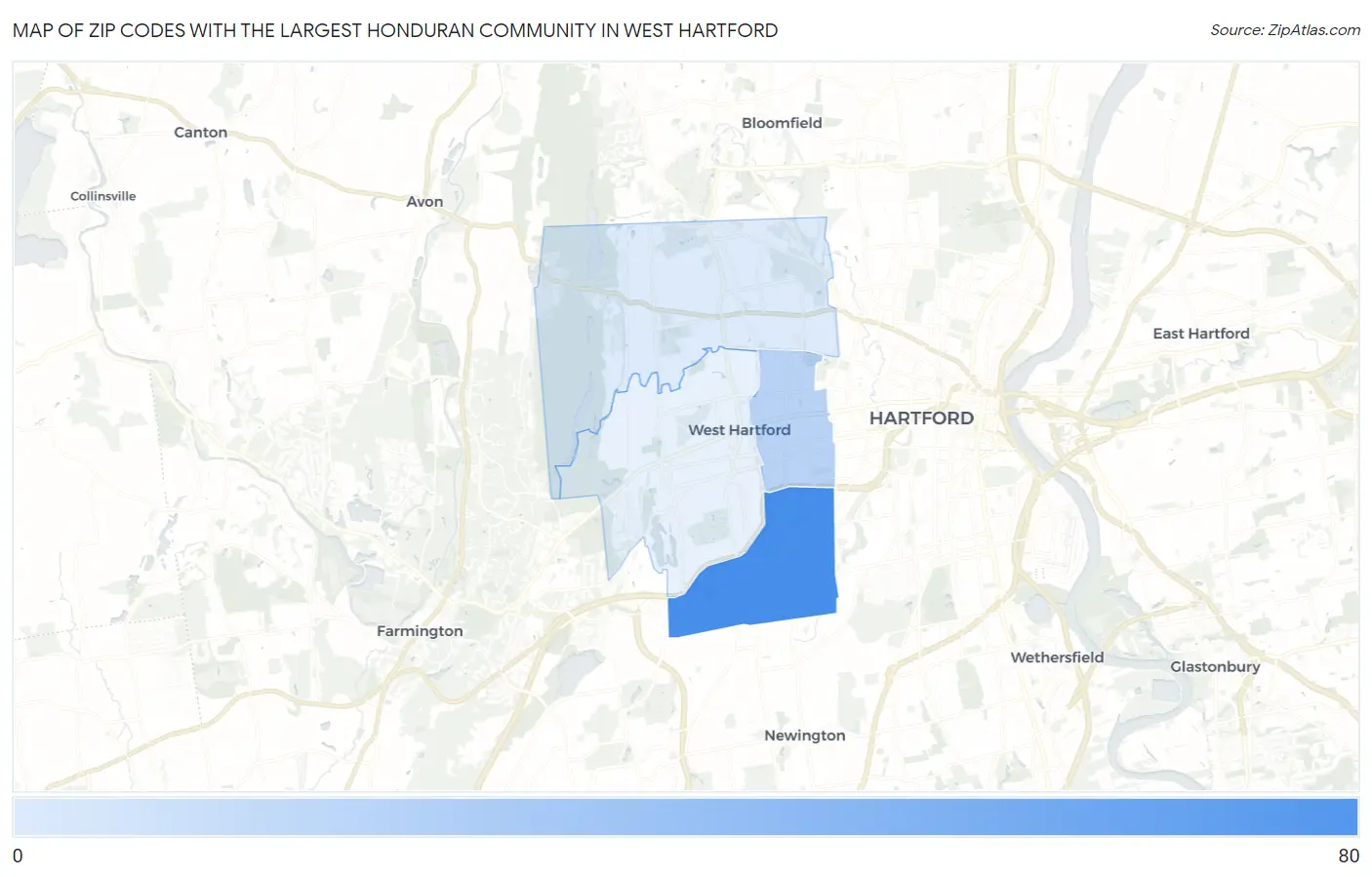 Zip Codes with the Largest Honduran Community in West Hartford Map